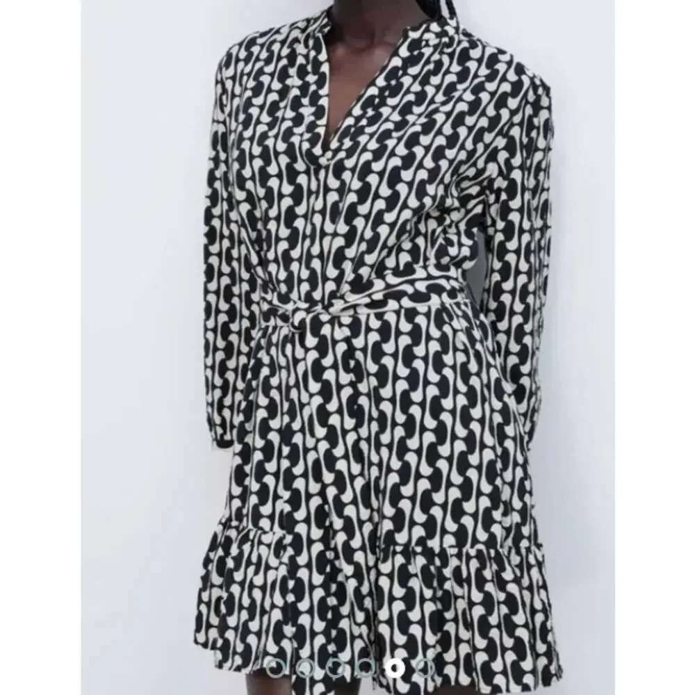 Zara Women’s V-Neck Long Sleeve Geometric Tie‎ Waist Mini Dress Sz M Black Beige